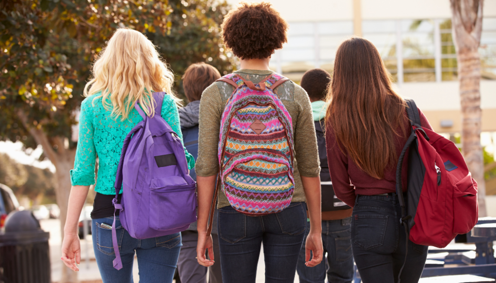 groupe d'élève de dos qui marchent dans la cour du lycée